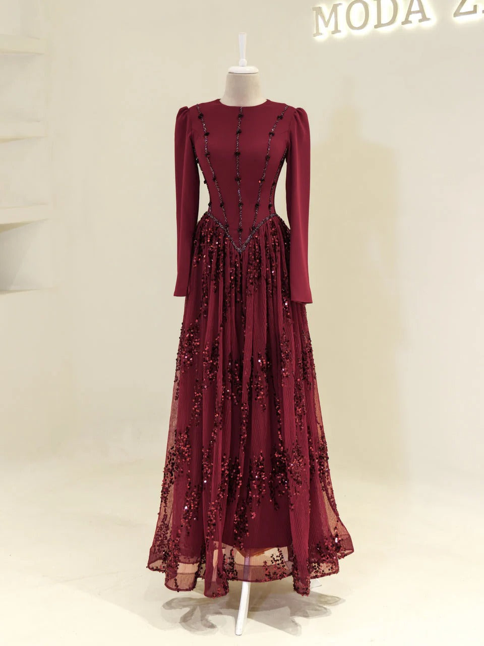 Nada Satin and Tulle Modest Evening Dress -Burgundy