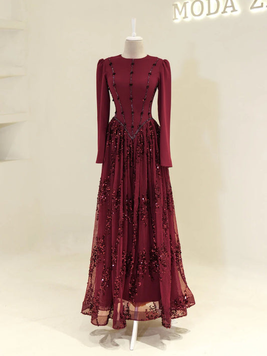 Nada Satin and Tulle Modest Evening Dress -Burgundy