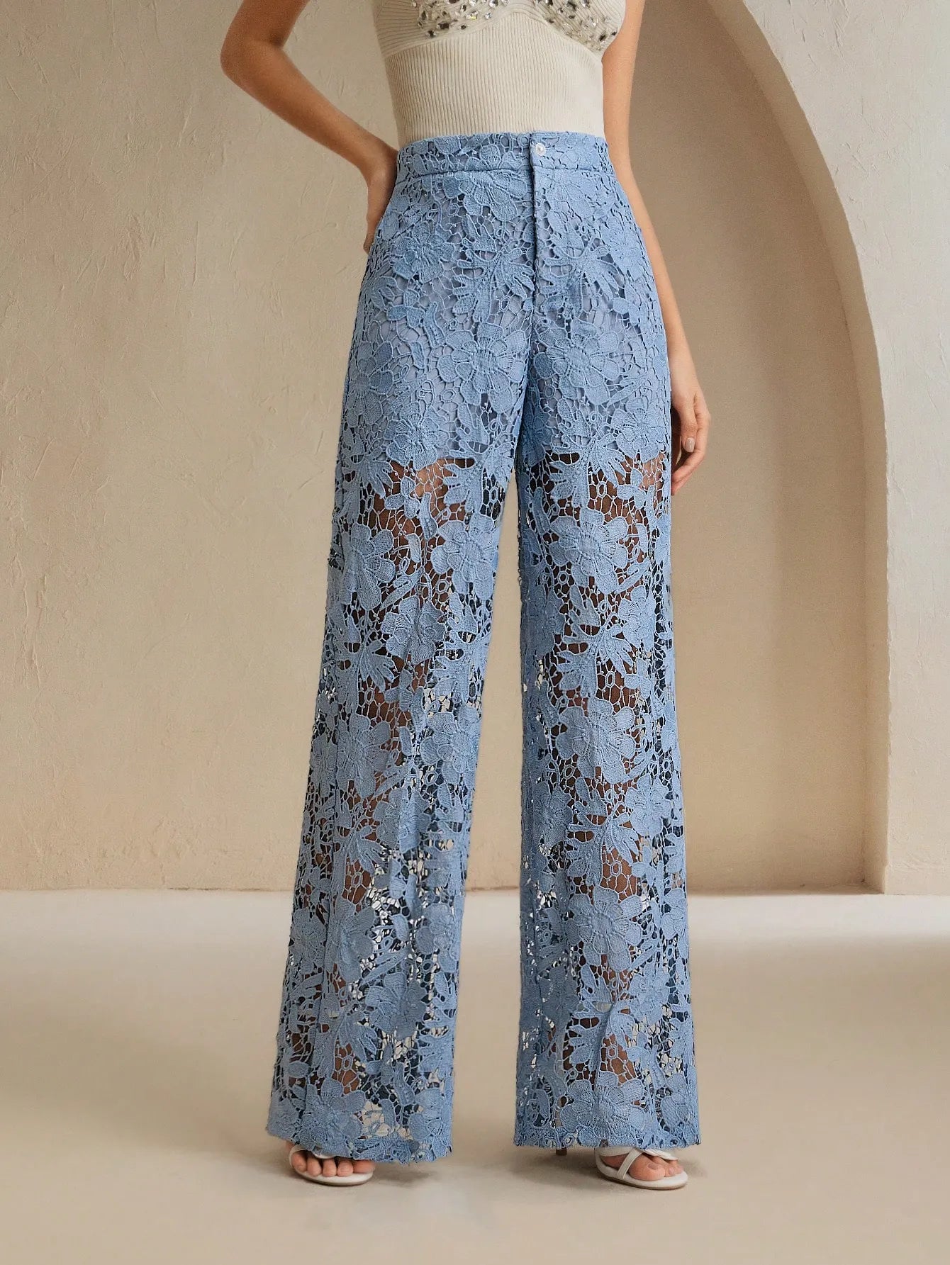 Floral Lace Cutout Straight‑Leg Pants