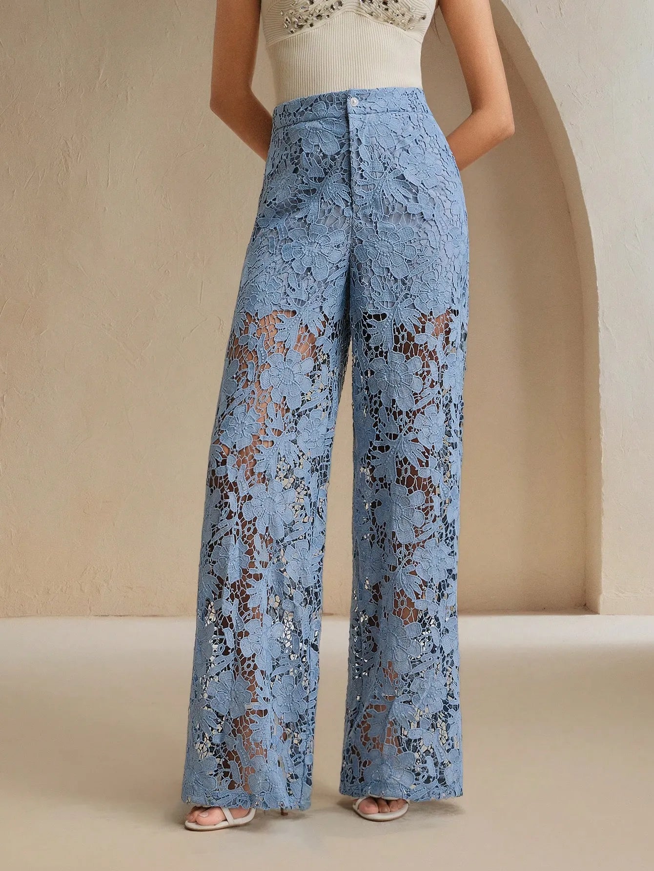 Floral Lace Cutout Straight‑Leg Pants
