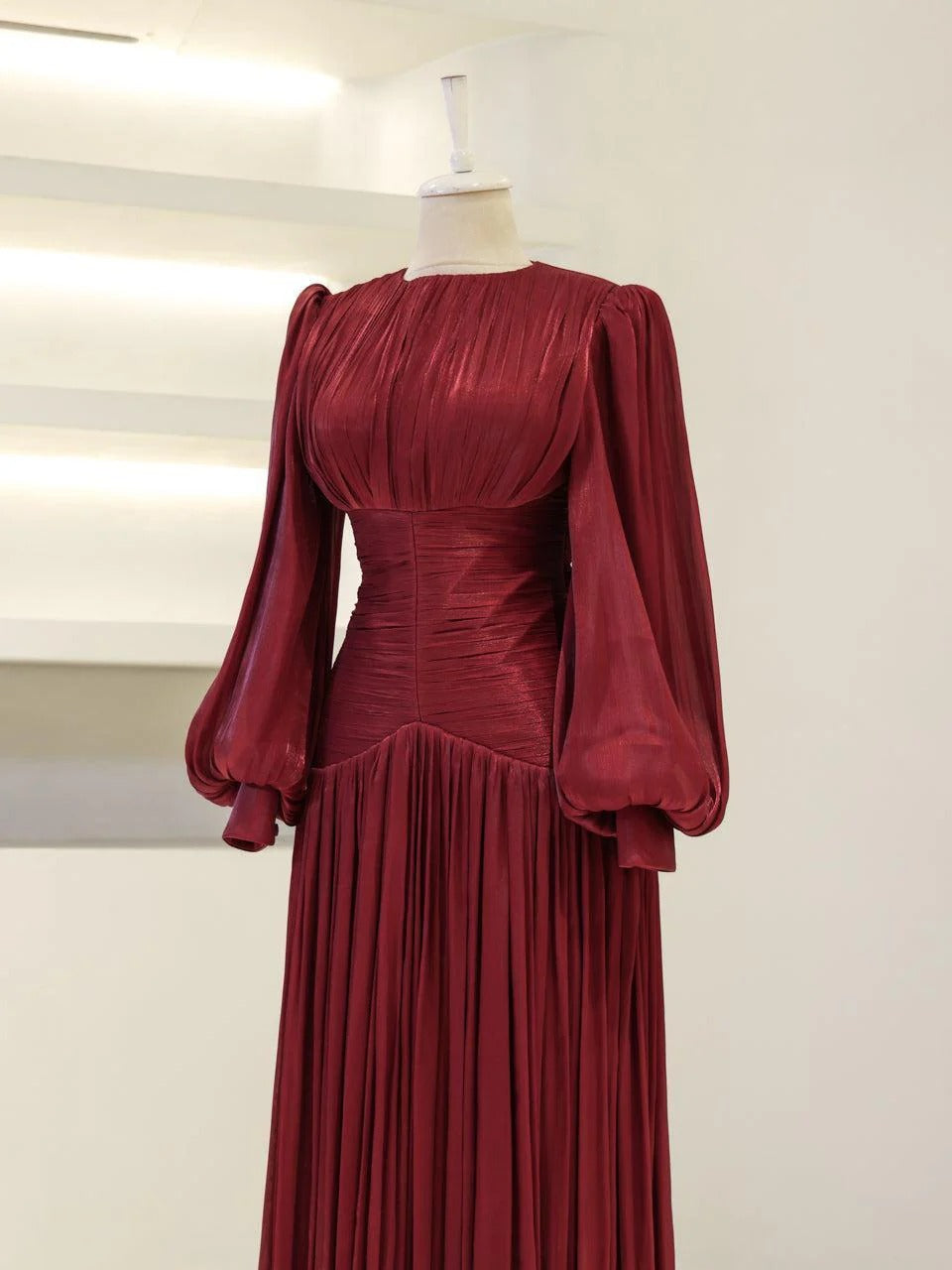 Shimmering Orchid Modest Evening Dress - Flare Pleated Gown - Red