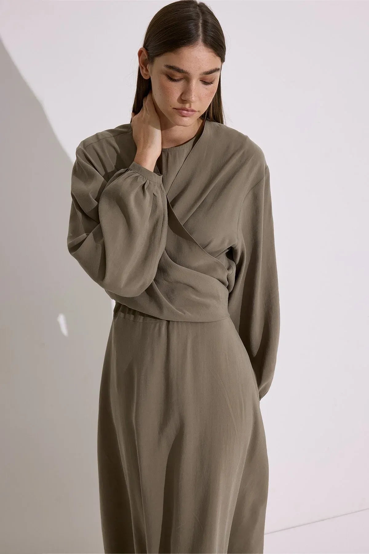 Elegant Draped Modal Wrap Dress – Khaki