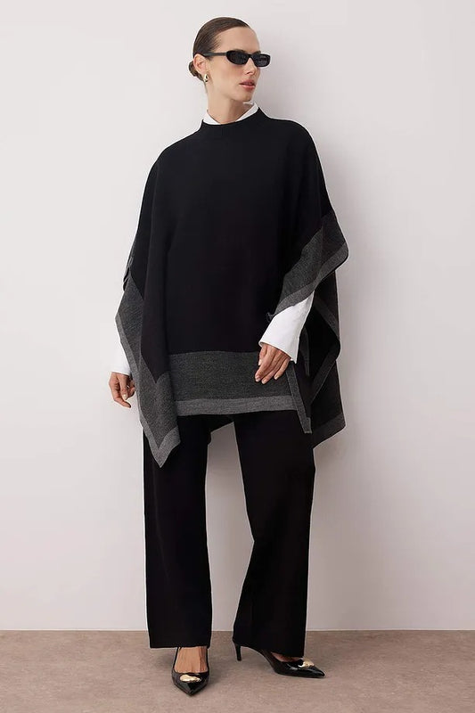 Black Color-Block Knit Poncho & Pants Two-Piece Set