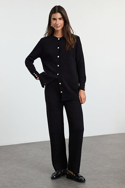 Black Pearl-Button Knit Two-Piece Set