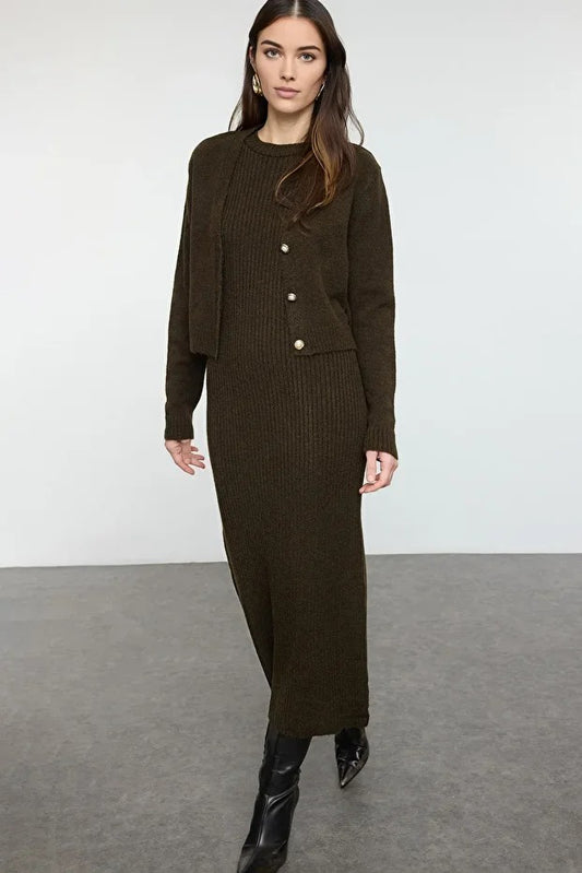 Dark Khaki Ribbed Soft-Knit Dress & Cardigan Set