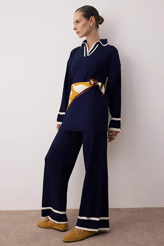 Navy Blue Piped Knit Sweater & Pants Set