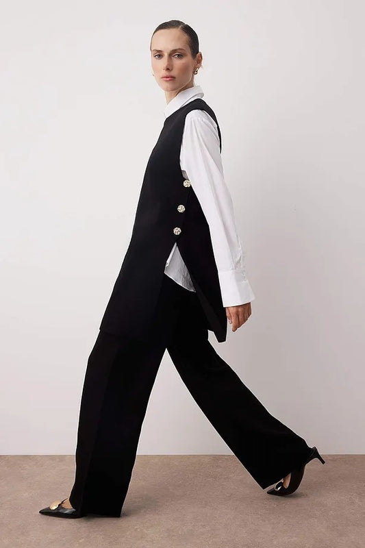 Black Button-Detail Knit Modest Vest Set