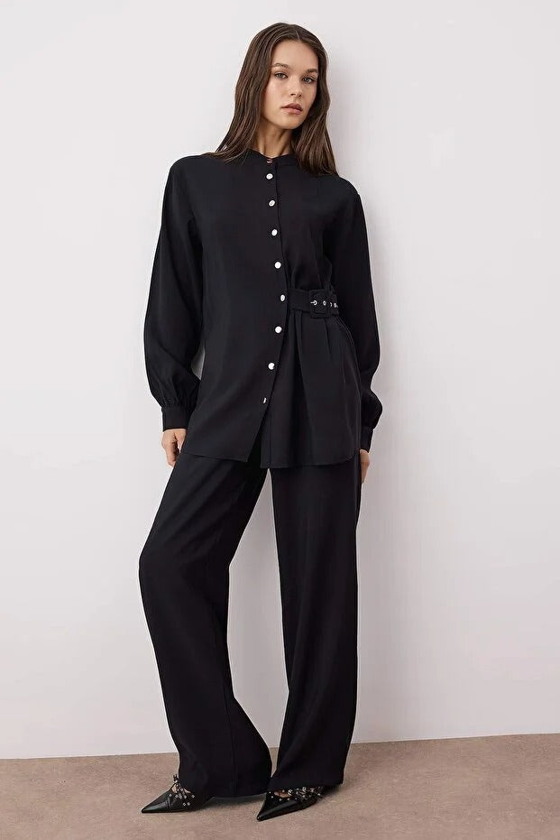 Black Modal Fabric Plain Woven Belt-Buckle Detailed Two-Piece Set