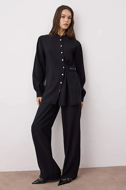 Black Modal Fabric Plain Woven Belt-Buckle Detailed Two-Piece Set