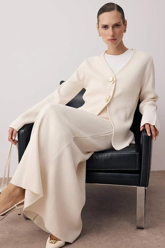 Ivory Gold-Button Knit Skirt Set