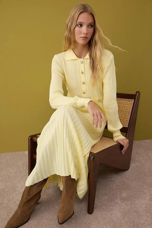 Yellow Ribbed Knit Modest Dress