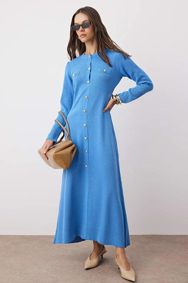 Blue Gold Buttoned Ribbed Knit Dress