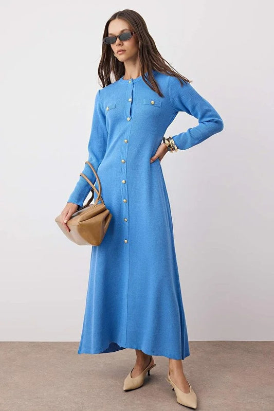 Blue Gold Buttoned Ribbed Knit Dress