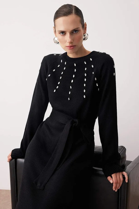Black Stone-Detail Knit Dress