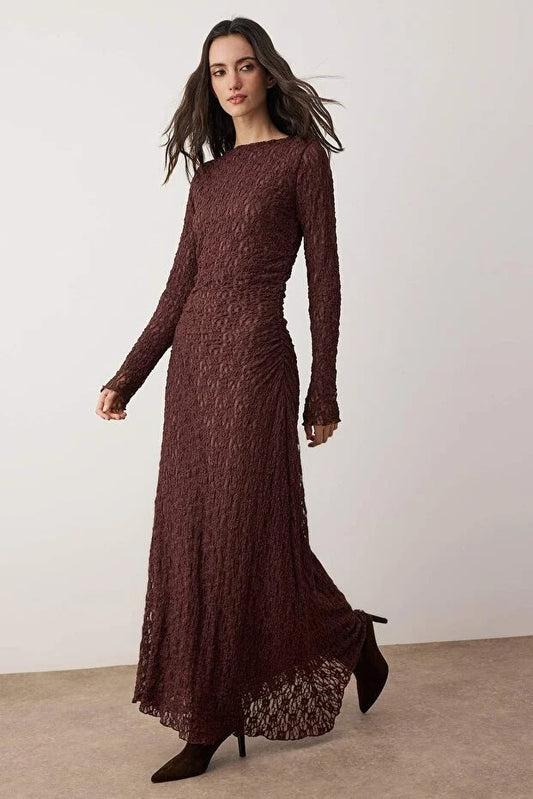 Brown Lined Lace Knit Evening Dress