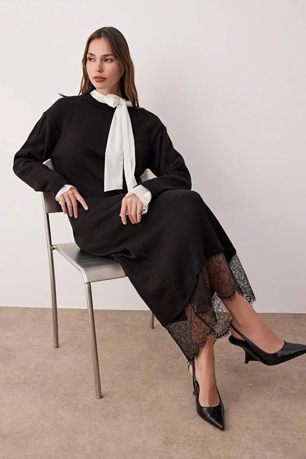Black Lace-Detail Knit Modest Dress