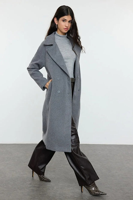 Grey Oversized Wide‑Cut Long Wool‑Blend Coat