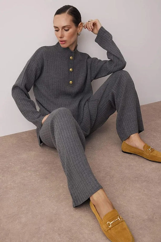 Anthracite Gold-Button Knit Top & Pants Two-Piece Set