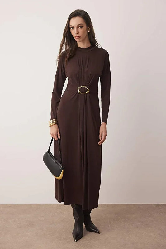 Dark Brown Belted Sandy Knit Dress