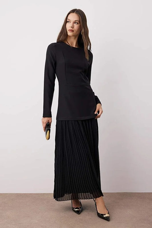 Black Chiffon Skirted Woven Dress