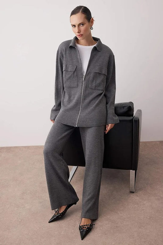 Anthracite Zip-Detail Knit Top & Pants Two-Piece Set with Pockets