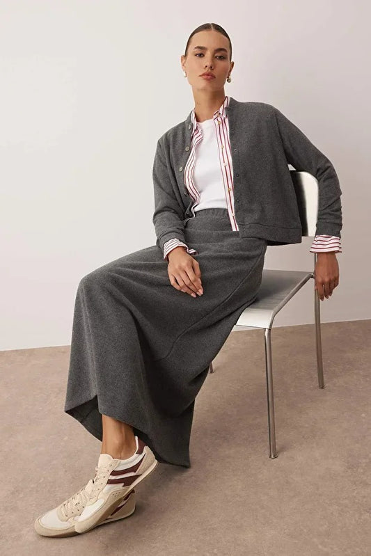 Dark Gray Ribbed Knit Modest Two-Piece Set