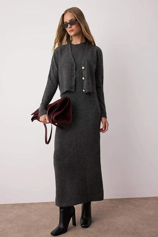 Anthracite Ribbed Soft-Knit Dress & Cardigan Set