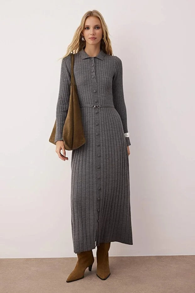 Anthracite Metal Buckle Detail Ribbed Knit Modest Dress