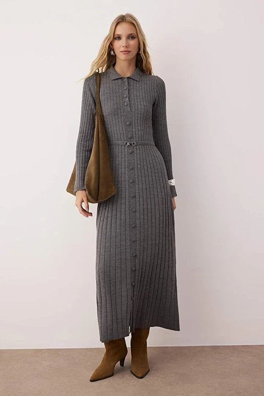 Anthracite Metal Buckle Detail Ribbed Knit Modest Dress