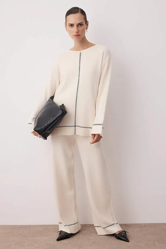 Ecru Knit Top & Pants Set with Stitch Details
