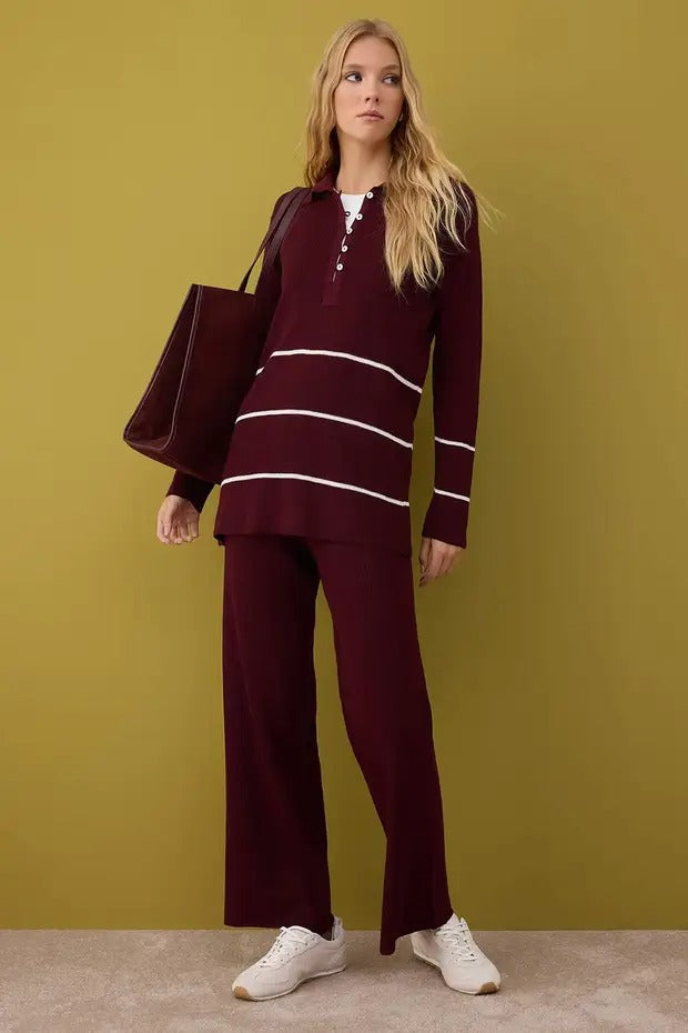 Burgundy-Cream Ribbed Knit Modest Two-Piece Set
