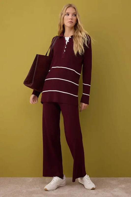Burgundy-Cream Ribbed Knit Modest Two-Piece Set