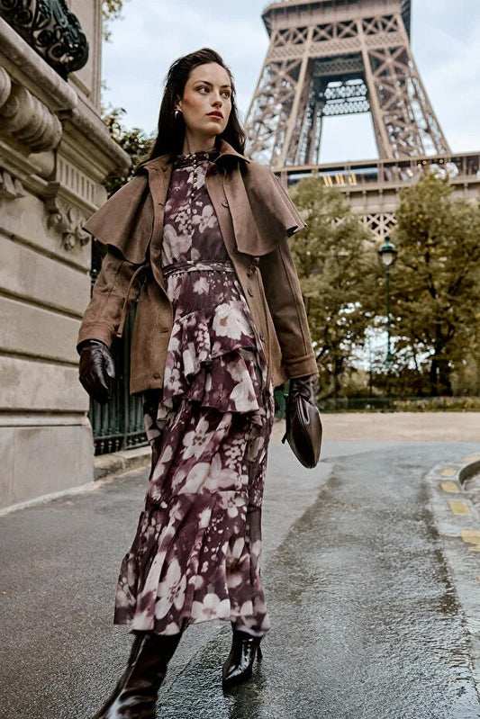 Mauve Floral Shiny Button-Detail Woven Chiffon Dress