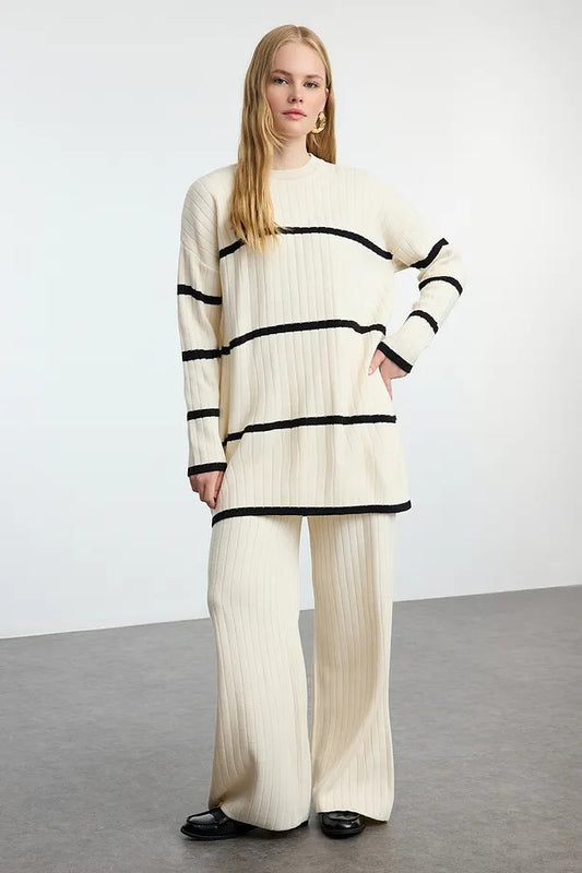 Cream Striped Ribbed Knit Two-Piece Set