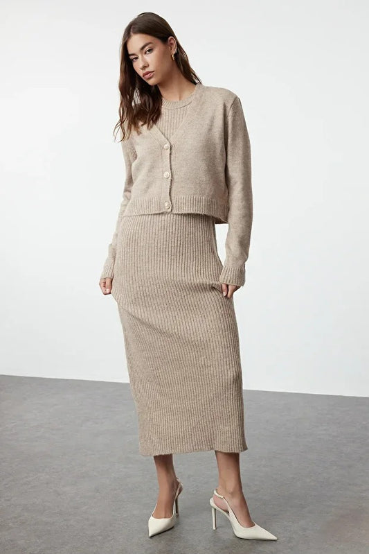 Dark Khaki Ribbed Soft-Knit Dress & Cardigan Set