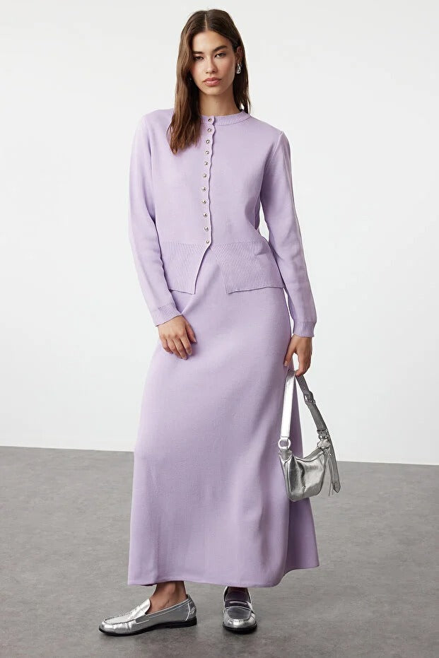 Lilac Button-Front Knit Cardigan & Skirt Set
