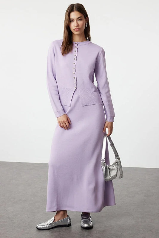 Lilac Button-Front Knit Cardigan & Skirt Set