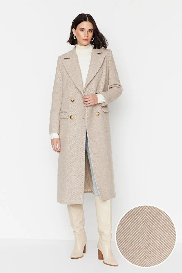 Herringbone Pattern Long Wool-Blend Coat