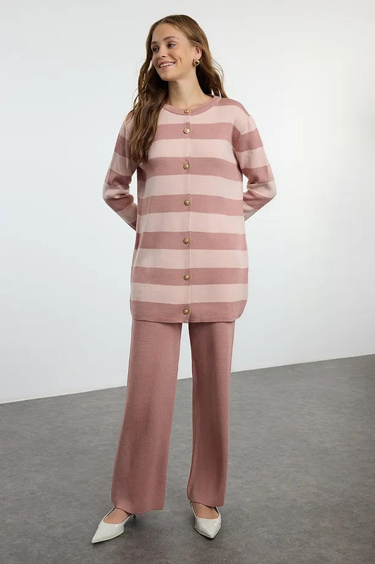 Rose Dust Striped Knit Cardigan & Pants Two-Piece Set