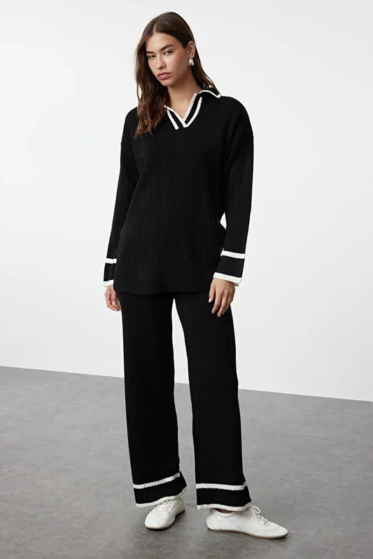 Black Piped Knit Sweater & Pants Set