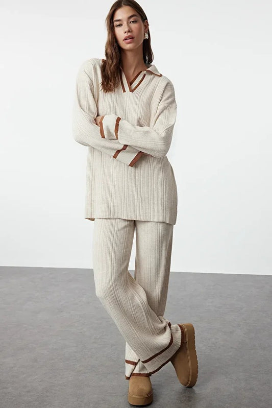 Stone Brown Piped Knit Sweater & Pants Set