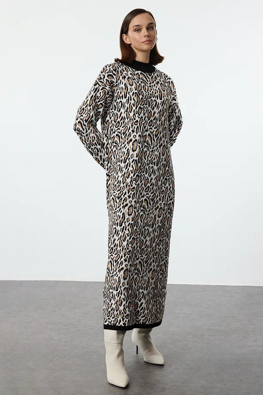 Black Leopard Print Knit Dress