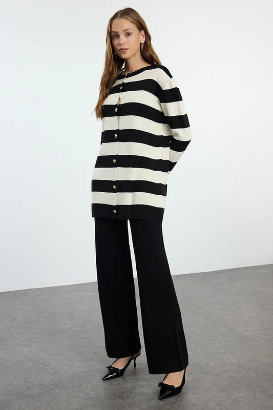 Black Striped Knit Cardigan & Pants Two-Piece Set