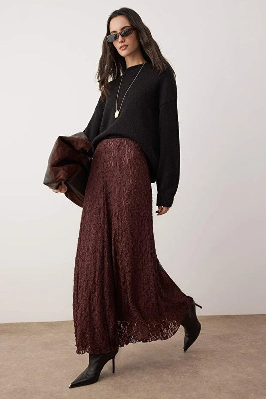 Brown Lined Lace Fabric Maxi Skirt