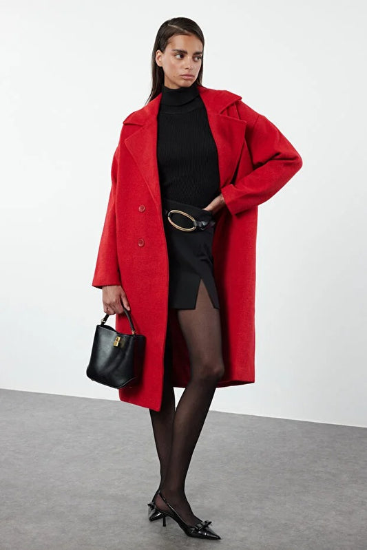 Red Oversized Wide-Cut Long Wool-Blend Coat