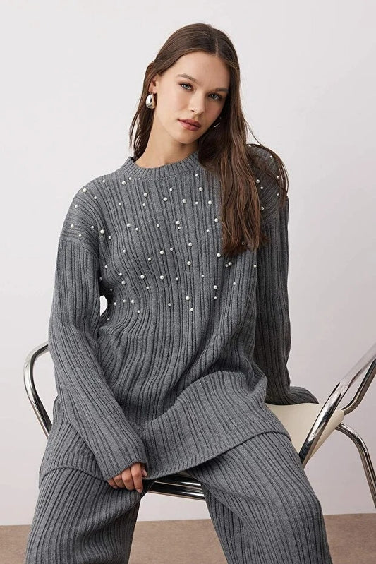 Anthracite Pearl-Detail Ribbed Knit Modest Two-Piece Set