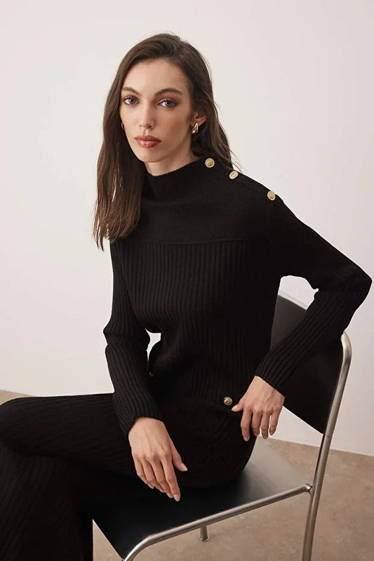 Black Ribbed Knit Dress with Button Accents