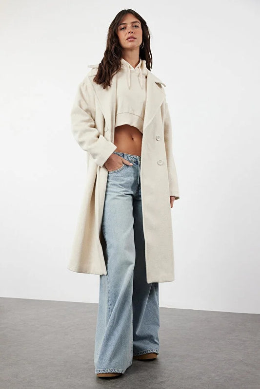 Ecru Oversized Wide-Cut Long Wool-Blend Coat