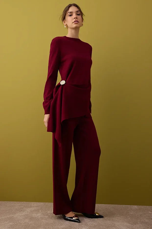 Burgundy Knit Set with Buckle Detail