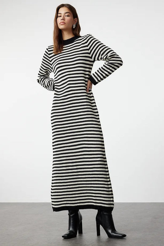 Black & White Striped Long Knit Dress